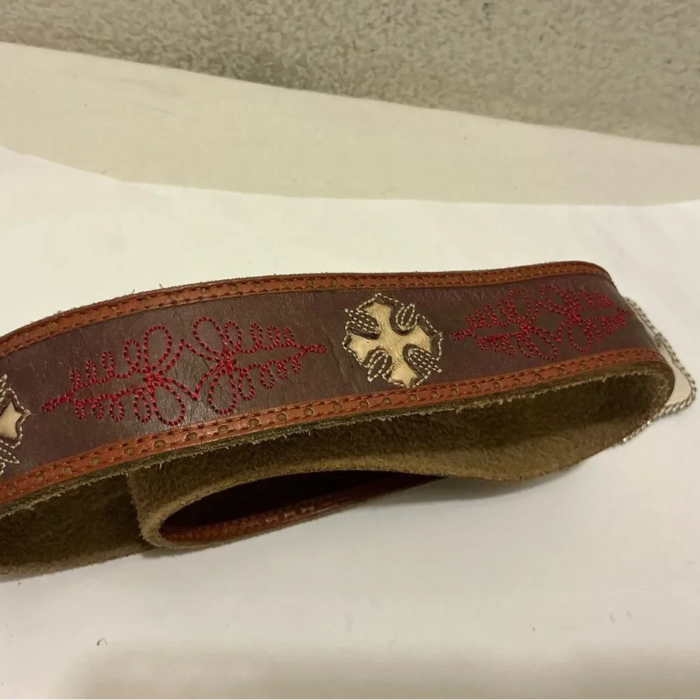 Enmon engraved rhinestone cross western Silver Buckle Belt with Red Accents